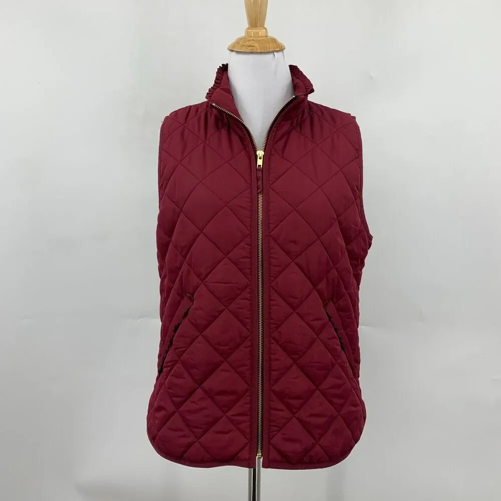 J Crew Vest Womens S Small Garnet‎ Mercantile Ruffle Quilted Puffer Full Zip